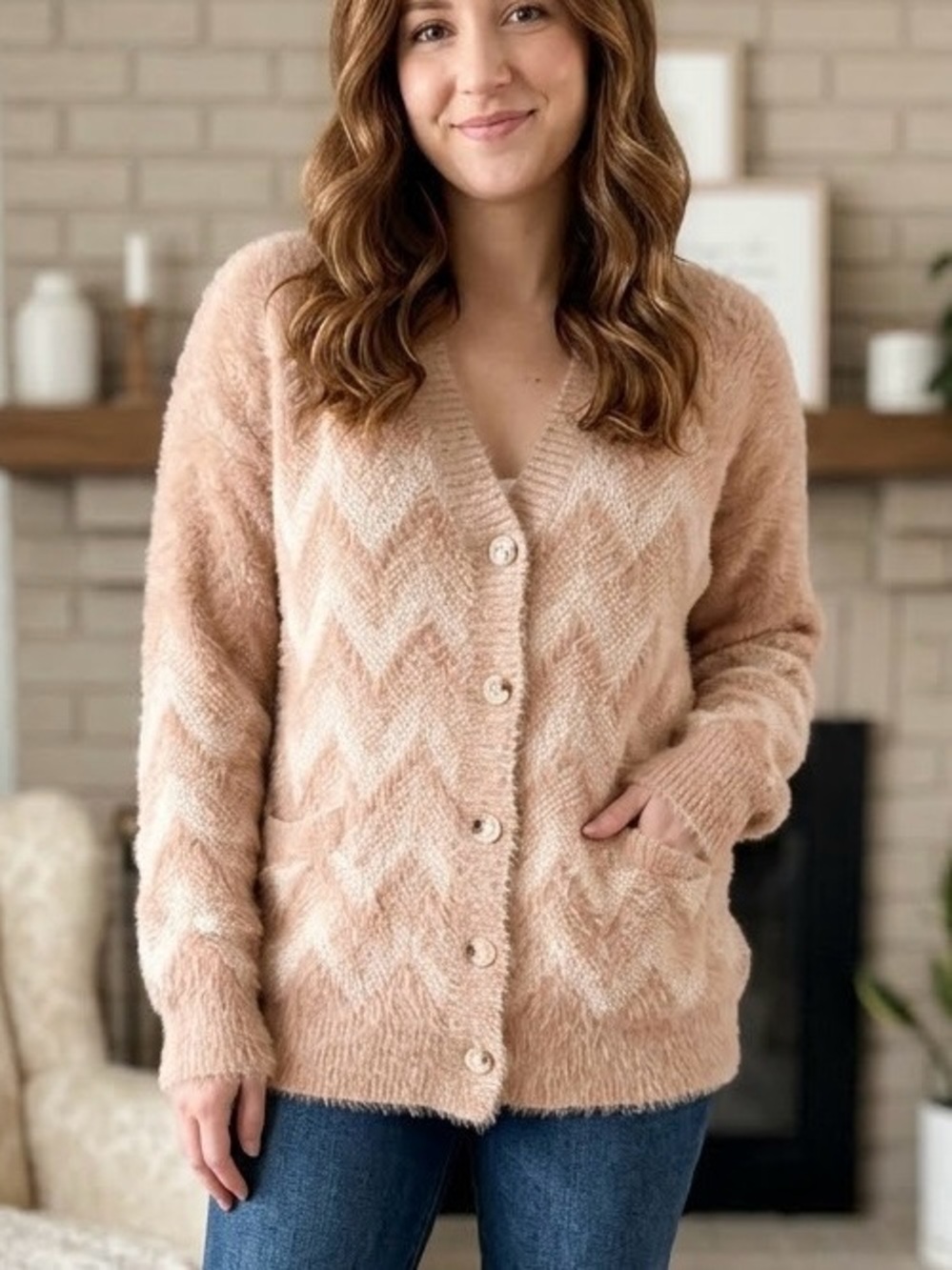 Hem & Thread Beige Fuzzy Chevron Knit Button Up Cardigan Sweater Large